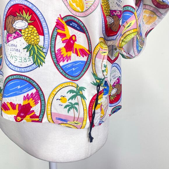 SUNBURST KISS Hawaiian Shirt Tropical Summer Beach Cocktails Cropped Sz L - Picture 6 of 10